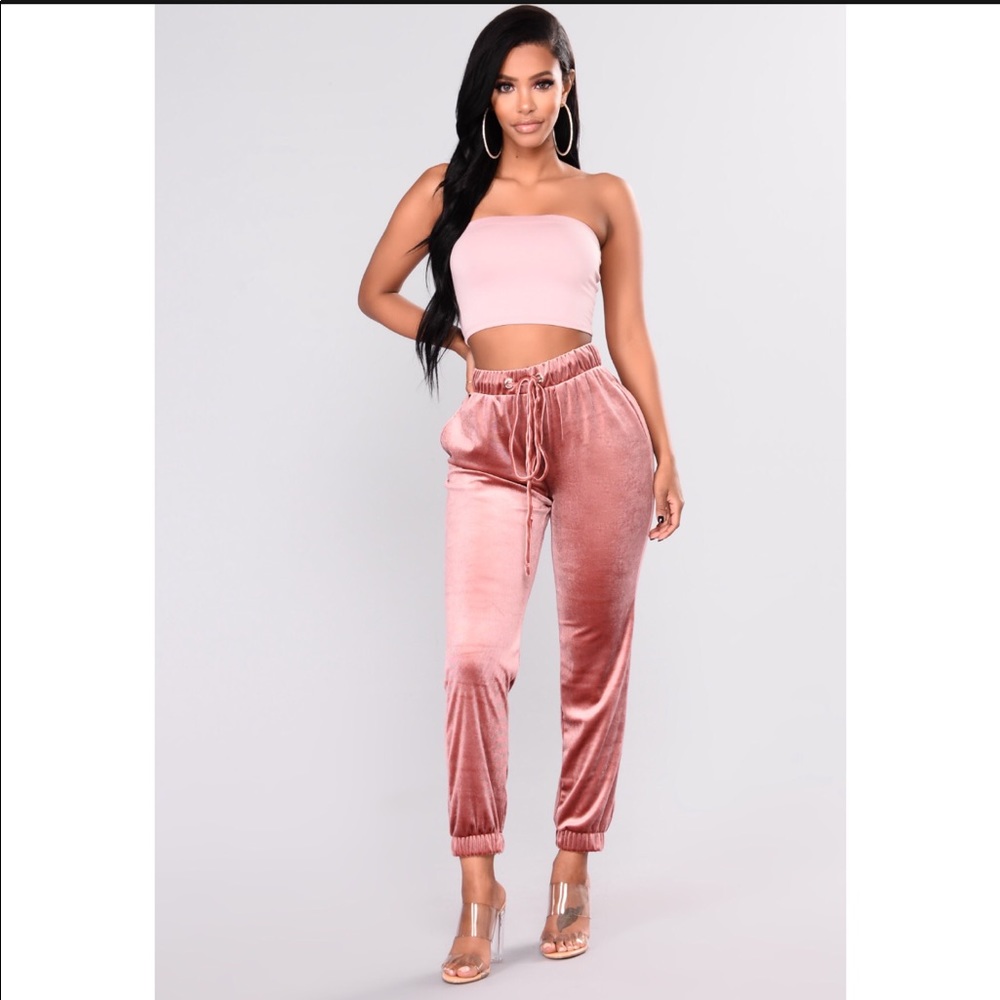 Mauve colored velvet jogger pants